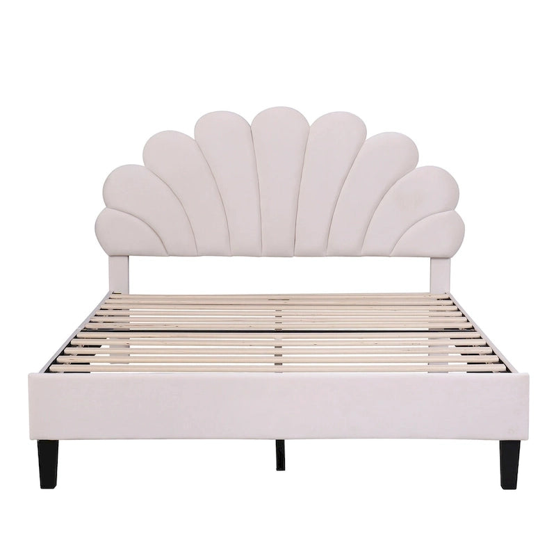 Cama con plataforma tapizada y cabecero con estampado floral
