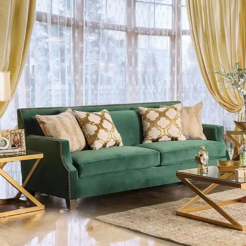 Yaur Transitional Green Fabric Upholstered Nailhead Trim Sofa by Furniture of America