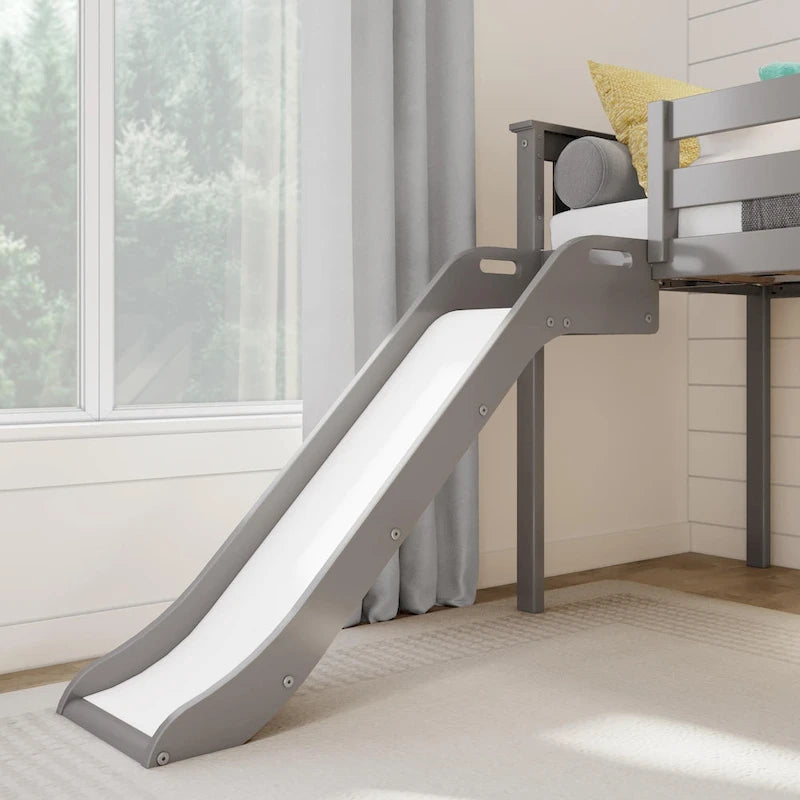 Klassisches niedriges Hochbett in Einzelbettgröße mit Treppe, Rutsche und Vorhang