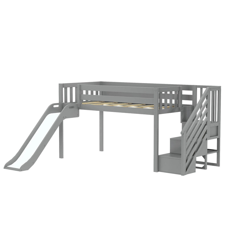 Klassisches niedriges Hochbett in Einzelbettgröße mit Treppe, Rutsche und Vorhang