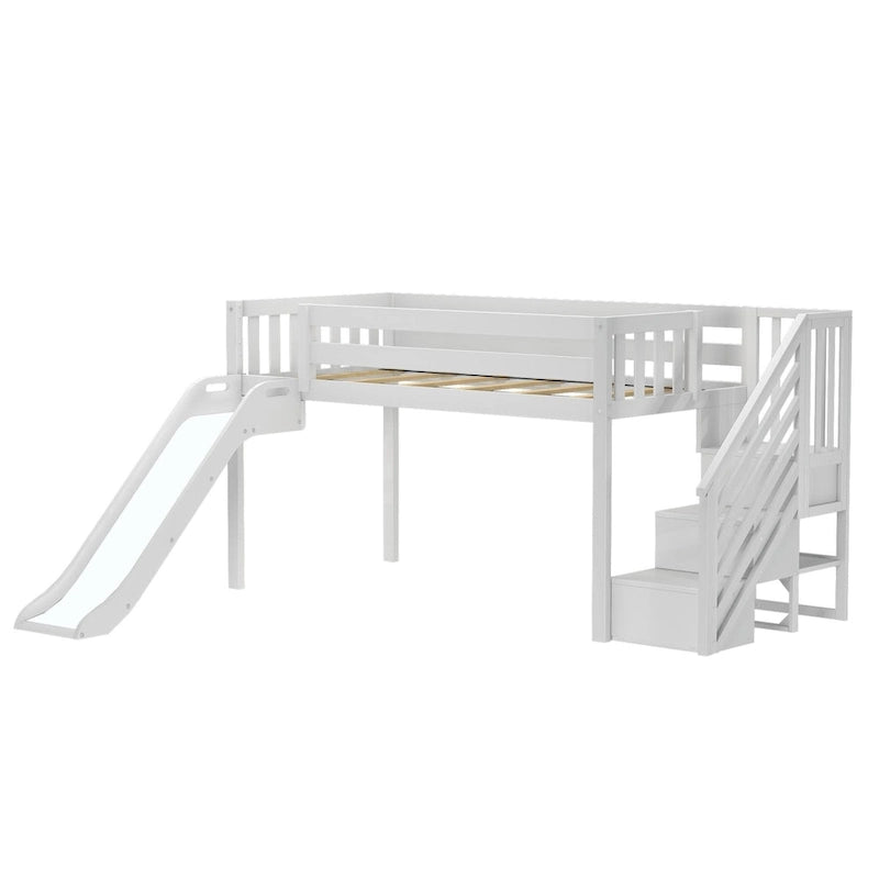 Klassisches niedriges Hochbett in Einzelbettgröße mit Treppe, Rutsche und Vorhang