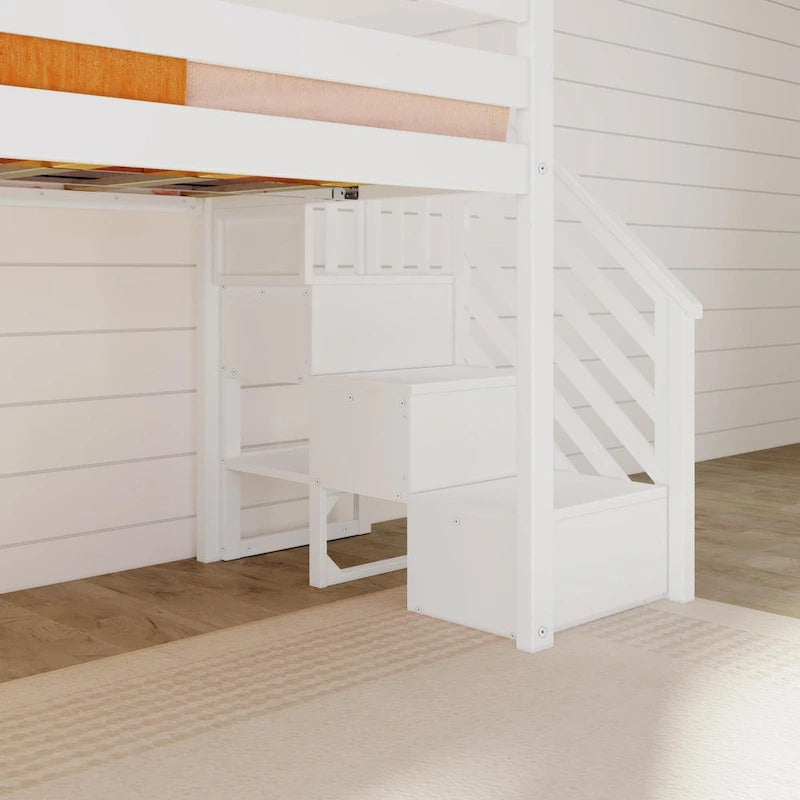 Klassisches niedriges Hochbett in Einzelbettgröße mit Treppe, Rutsche und Vorhang