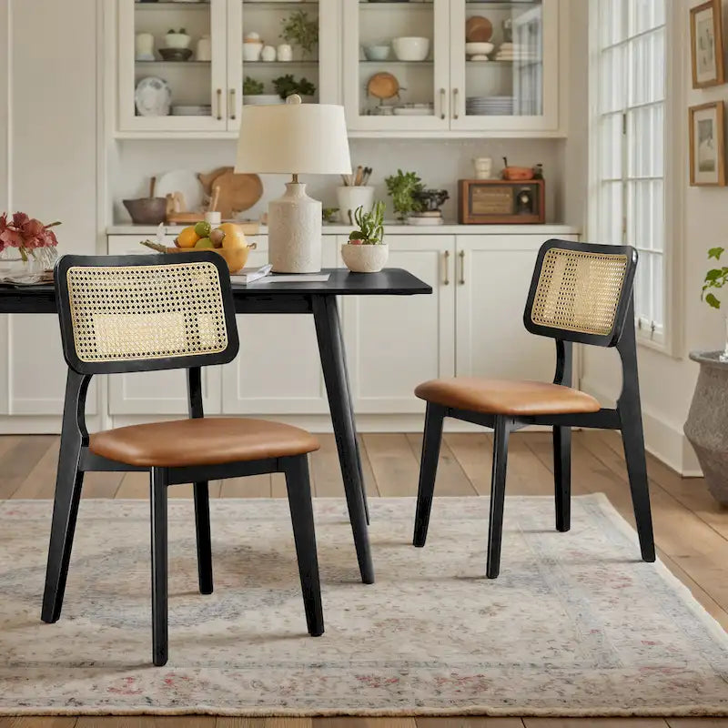 Art Leon Cane Backrest Leather Dining Chairs (Set of 2)