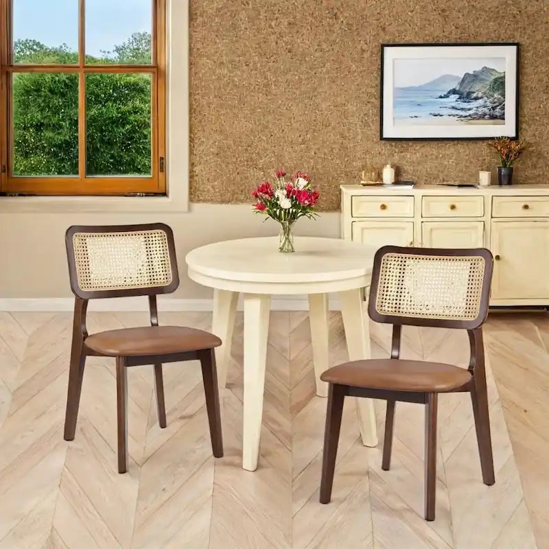 Esszimmerstühle aus Leder mit Rückenlehne aus Rohrgeflecht (2er-Set)