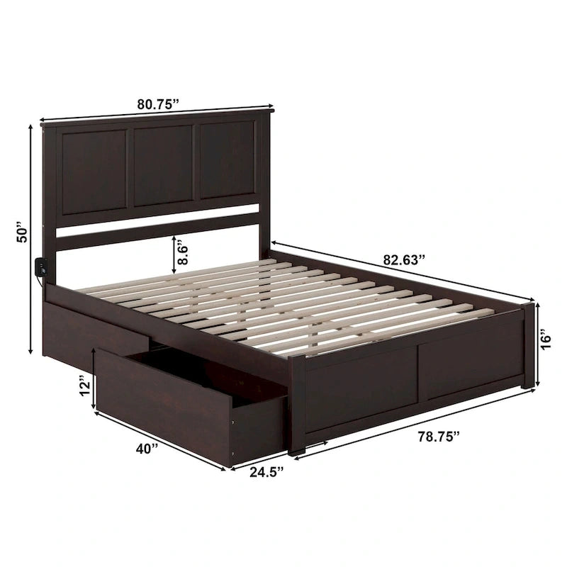 Cama con base de plataforma, piecero y 2 cajones, color espresso