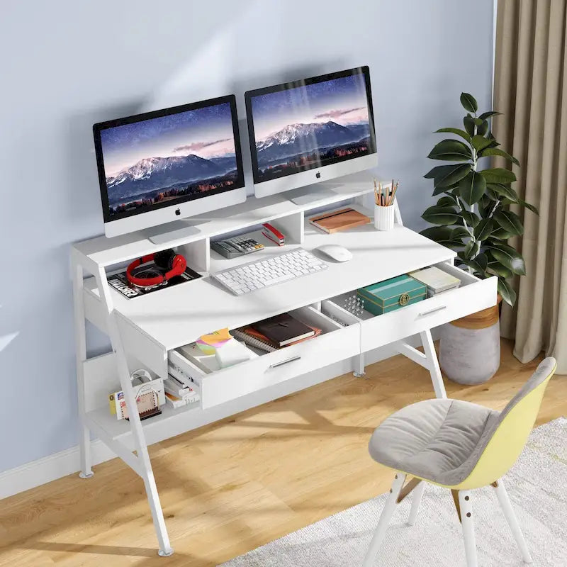 Escritorio para computadora de 47 pulgadas con cajones, almacenamiento y estante superior para monitor