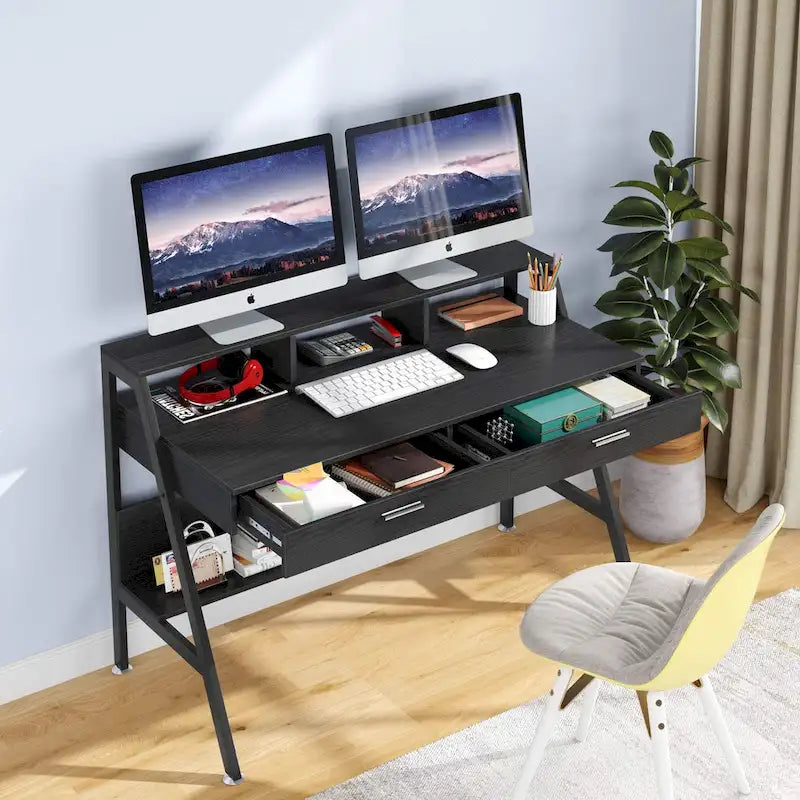 Computertisch, 47 Zoll, mit Schubladen und Ablagefach mit Regalaufsatz für den Monitor