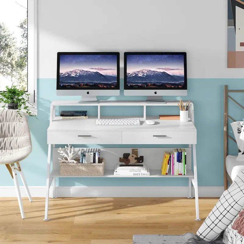 Computertisch, 47 Zoll, mit Schubladen und Ablagefach mit Regalaufsatz für den Monitor