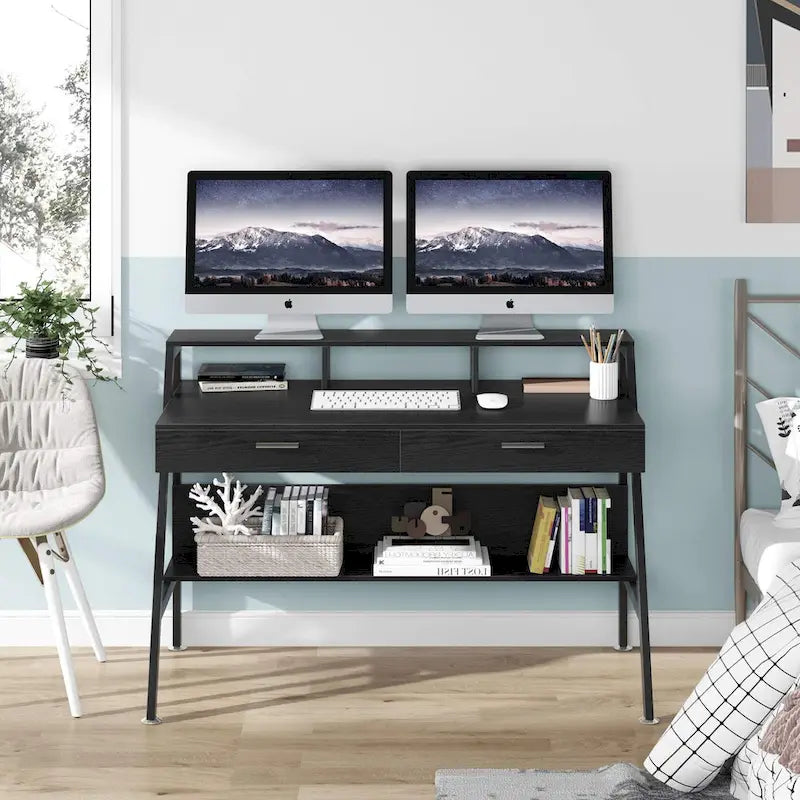 Escritorio para computadora de 47 pulgadas con cajones, almacenamiento y estante superior para monitor