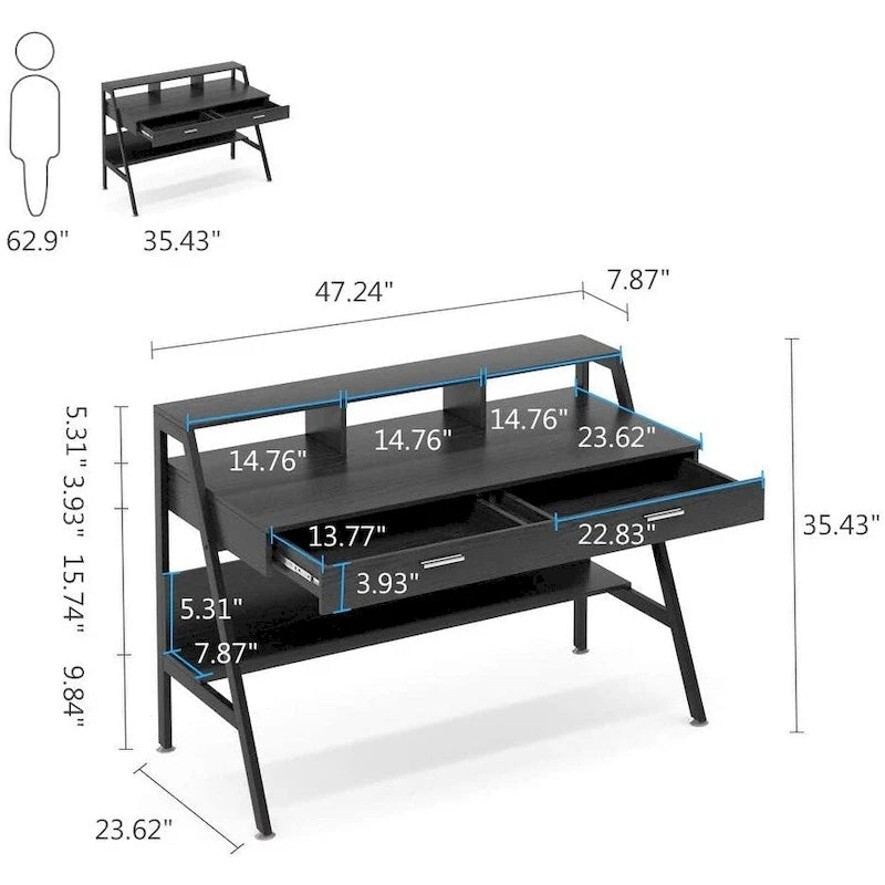 Escritorio para computadora de 47 pulgadas con cajones, almacenamiento y estante superior para monitor