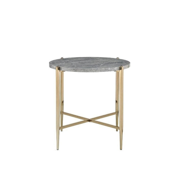 Beistelltisch mit ovaler Marmorplatte und X-förmigem Gestell - Grau und Gold - 26 L x 26 W x 23.62 H Zoll