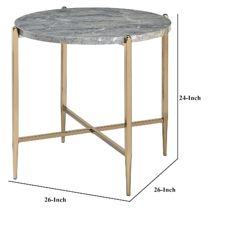Table d’appoint avec plateau ovale en marbre et support en X - gris et or - 26 L x 26 W x 23.62 H pouces