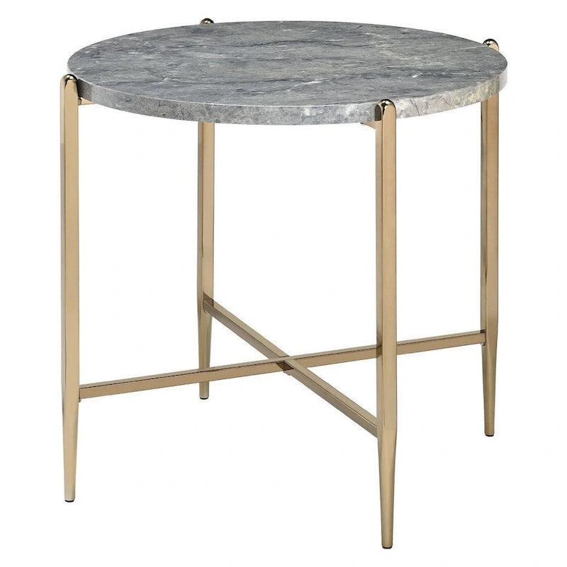 Table d’appoint avec plateau ovale en marbre et support en X - gris et or - 26 L x 26 W x 23.62 H pouces