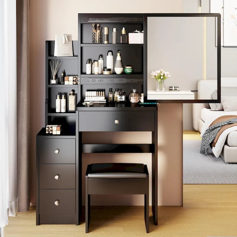 Schminktisch-Set mit verschiebbarem Spiegel und gepolstertem Hocker