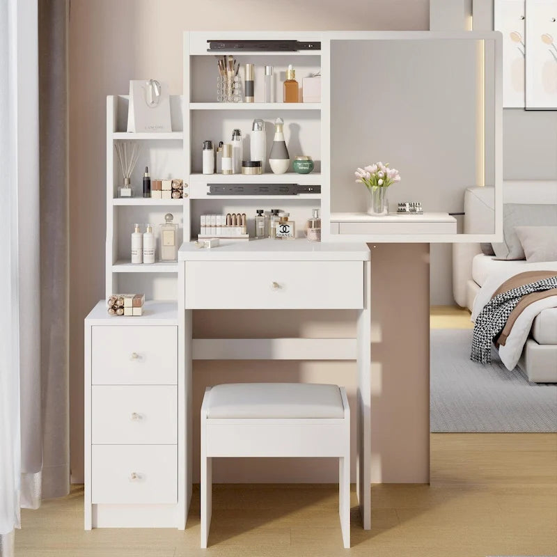 Schminktisch-Set mit verschiebbarem Spiegel und gepolstertem Hocker