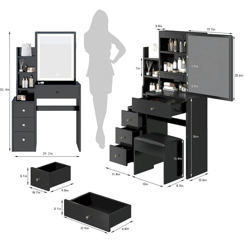 Schminktisch-Set mit verschiebbarem Spiegel und gepolstertem Hocker