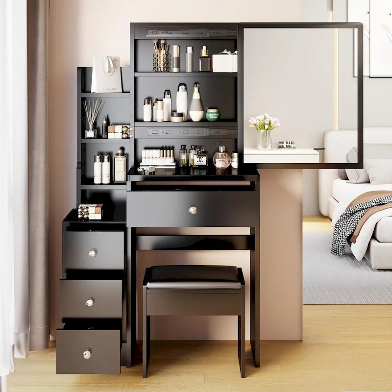 Schminktisch-Set mit verschiebbarem Spiegel und gepolstertem Hocker