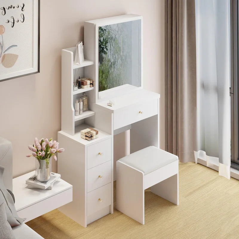 Schminktisch-Set mit verschiebbarem Spiegel und gepolstertem Hocker