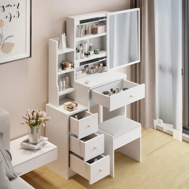 Schminktisch-Set mit verschiebbarem Spiegel und gepolstertem Hocker
