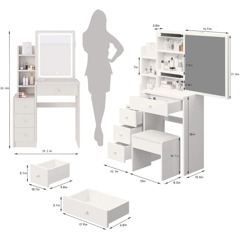 Schminktisch-Set mit verschiebbarem Spiegel und gepolstertem Hocker