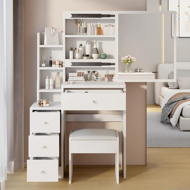 Schminktisch-Set mit verschiebbarem Spiegel und gepolstertem Hocker