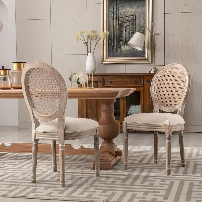Esszimmerstuhl-Set im französischen Landhausstil aus massivem Gummibaumholz und Rattan, 2 Stück, Mid-Century-Modern-Beistellstuhl mit Rattanlehne