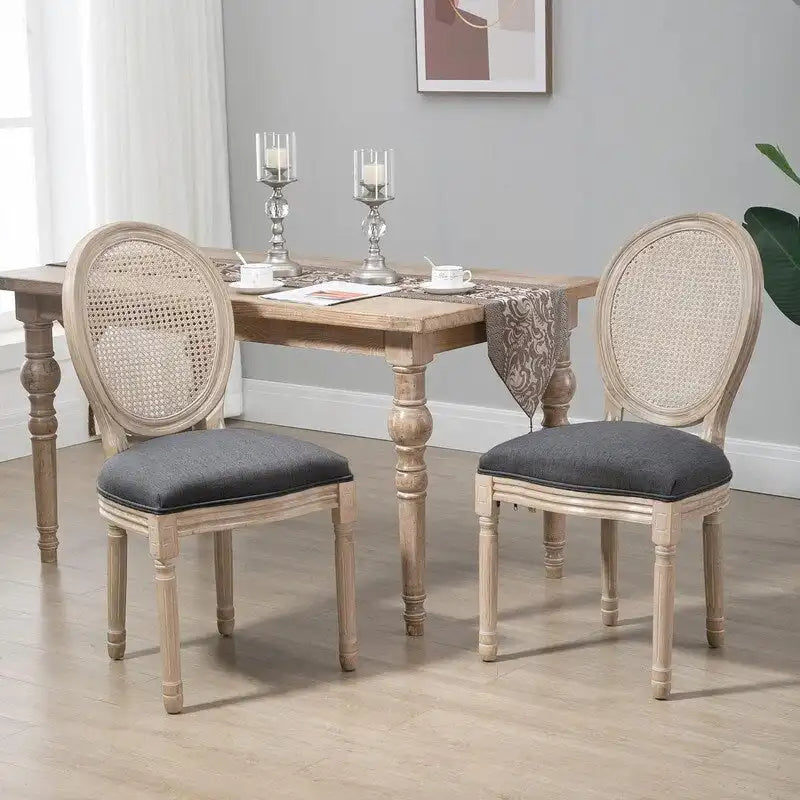 Esszimmerstuhl-Set im französischen Landhausstil aus massivem Gummibaumholz und Rattan, 2 Stück, Mid-Century-Modern-Beistellstuhl mit Rattanlehne