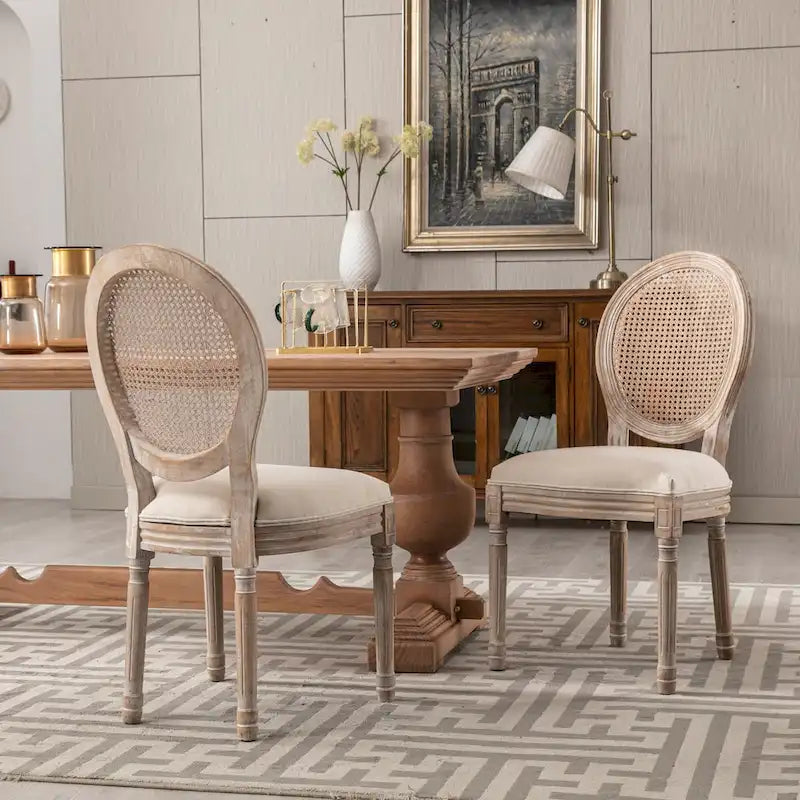 Esszimmerstuhl-Set im französischen Landhausstil aus massivem Gummibaumholz und Rattan, 2 Stück, Mid-Century-Modern-Beistellstuhl mit Rattanlehne