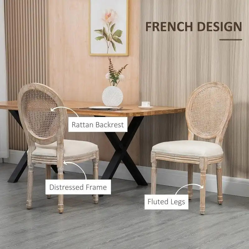 Ensemble de 2 chaises de salle à manger en bois d’hévéa massif et cannage, style campagne française, chaise d’appoint moderne du milieu du siècle avec dossier en rotin