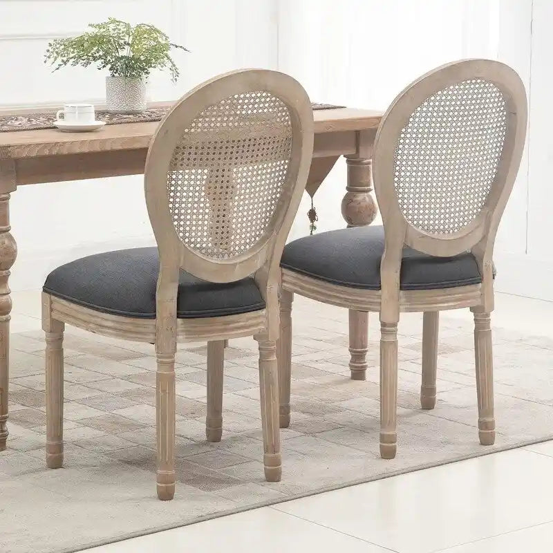 Ensemble de 2 chaises de salle à manger en bois d’hévéa massif et cannage, style campagne française, chaise d’appoint moderne du milieu du siècle avec dossier en rotin