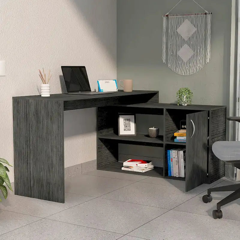 Bureau d’angle en L avec 1 tiroir et 2 étagères, chêne fumé, de haute qualité et durable