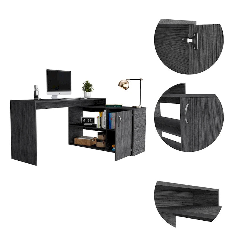 Bureau d’angle en L avec 1 tiroir et 2 étagères, chêne fumé, de haute qualité et durable