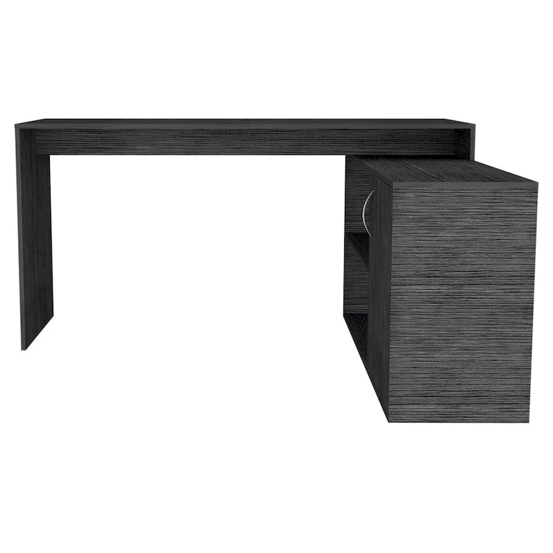 Bureau d’angle en L avec 1 tiroir et 2 étagères, chêne fumé, de haute qualité et durable