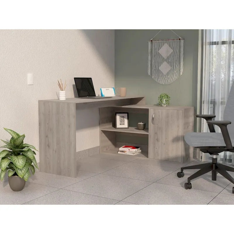 Bureau d’angle en L avec 1 tiroir et 2 étagères, chêne fumé, de haute qualité et durable