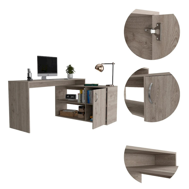 Bureau d’angle en L avec 1 tiroir et 2 étagères, chêne fumé, de haute qualité et durable