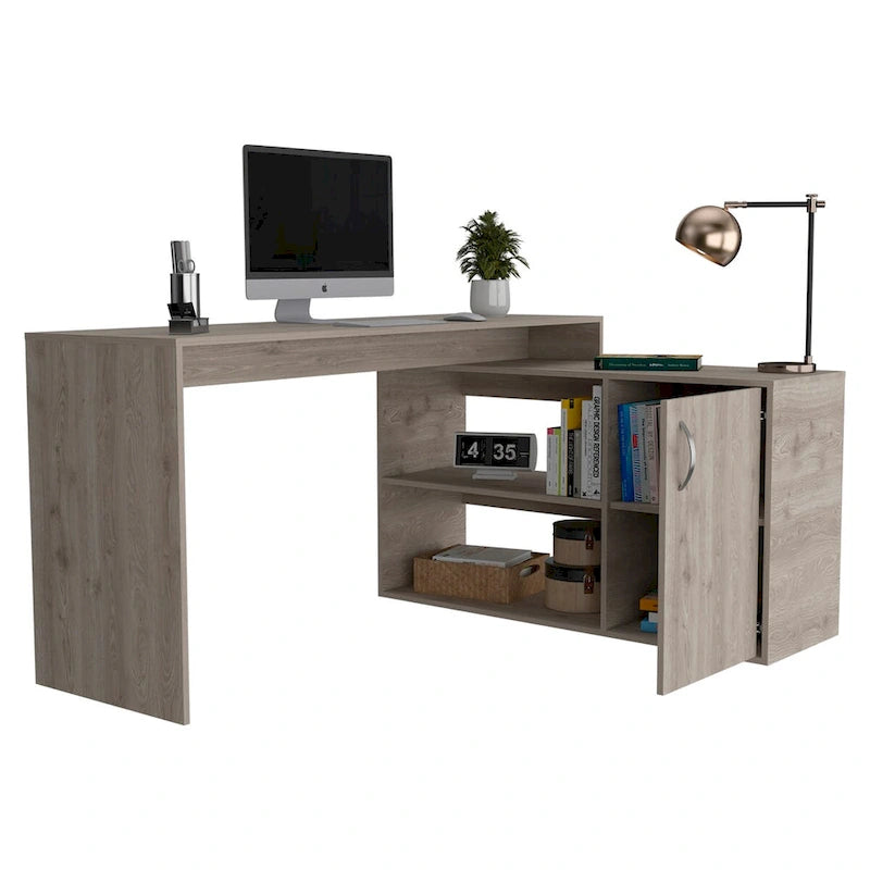 Bureau d’angle en L avec 1 tiroir et 2 étagères, chêne fumé, de haute qualité et durable