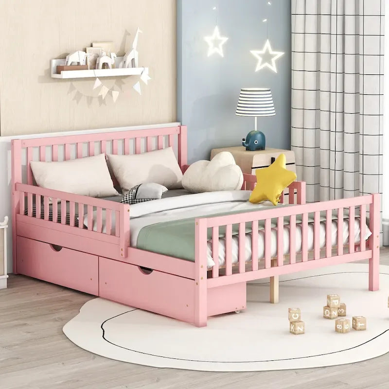 Plattformbett aus Holz in Full Size mit Schutzgittern an beiden Seiten und zwei Schubladen